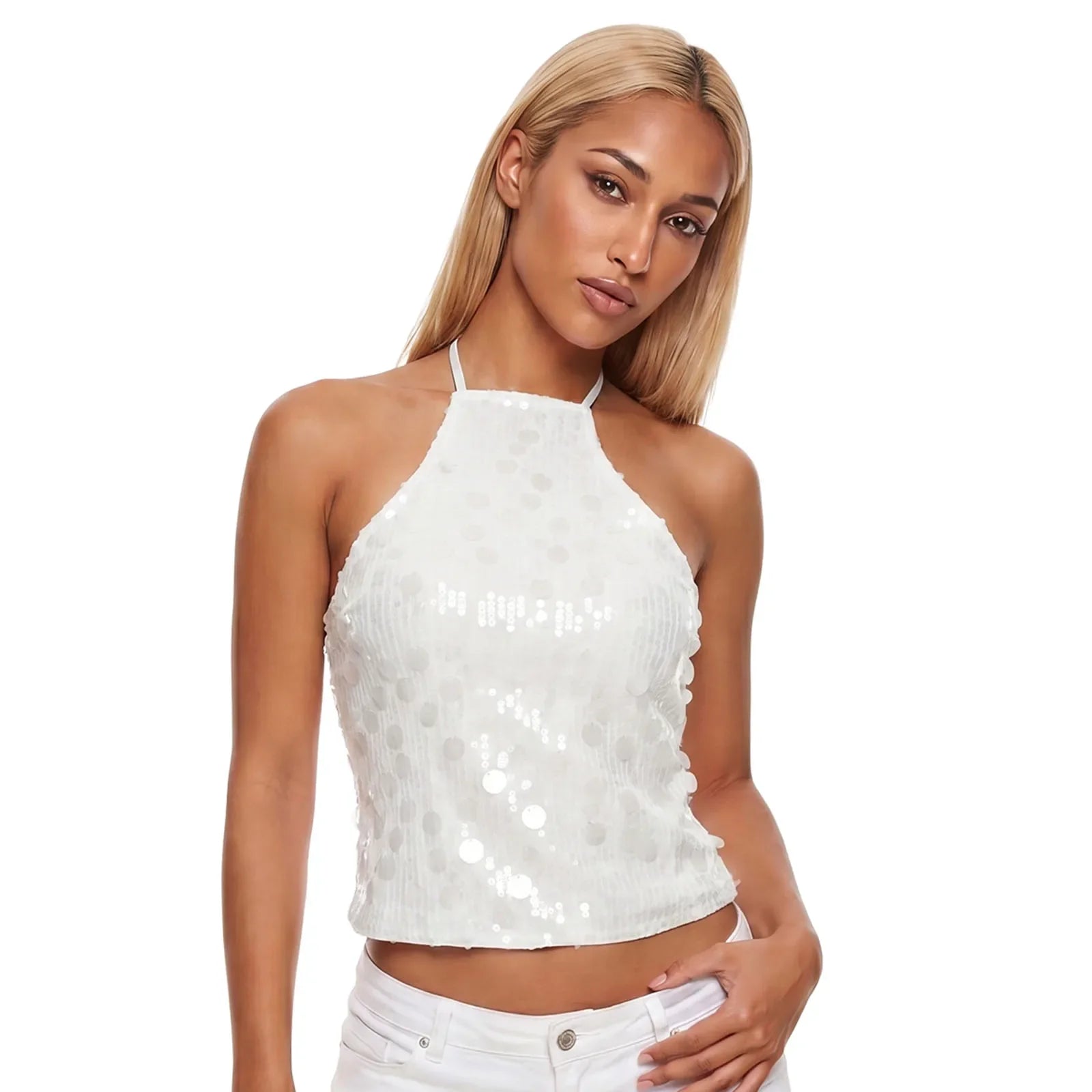 Women’s Backless Sequin Vest Summer Slim Fit Halter Tank Tops Summer Club Party Sexy Sleeveless Shirts Streetwear