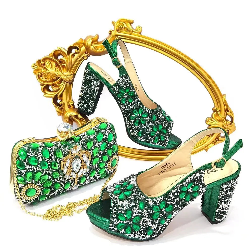 Doershow beautiful Italian Shoes And Bag Sets For Evening Party With Stones Italian Leather Handbags Match Bags! 21-2