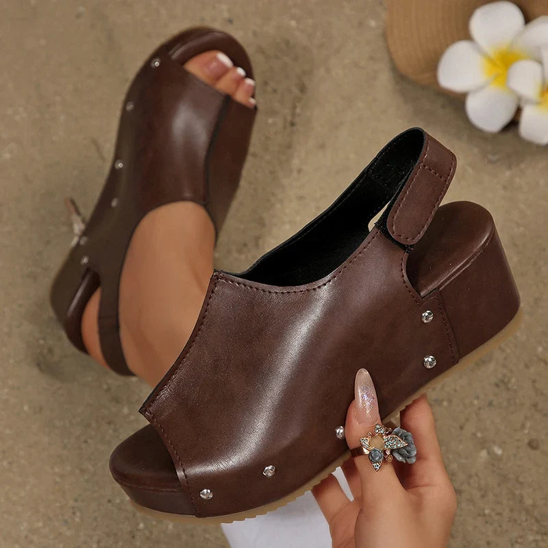 Black Pu Leather Wedge Heel Sandals Women Rivets Back Strap Platform Sandles Woman Plus Size 43 Thick Sole Rome Sandalias Mujer