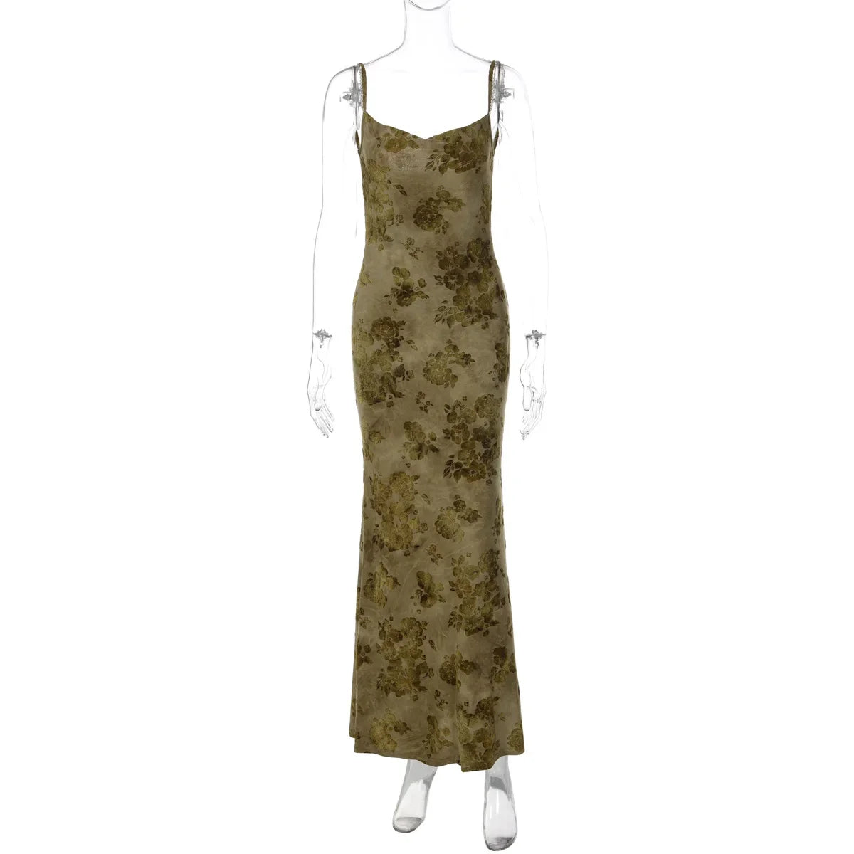 FDYOUI Sexy Elegant Chain Backless Green Floral Evening Dress for Women Sleeveless Bodycon Long Cocktail Dresses Party Club Gown