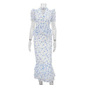 FDYOUI V-neck Short Sleeve Single Breasted Ruffles Blouse Tops+Mermaid Skirts Suits Elegant Floral Print Midi Dress 2 Piece Set