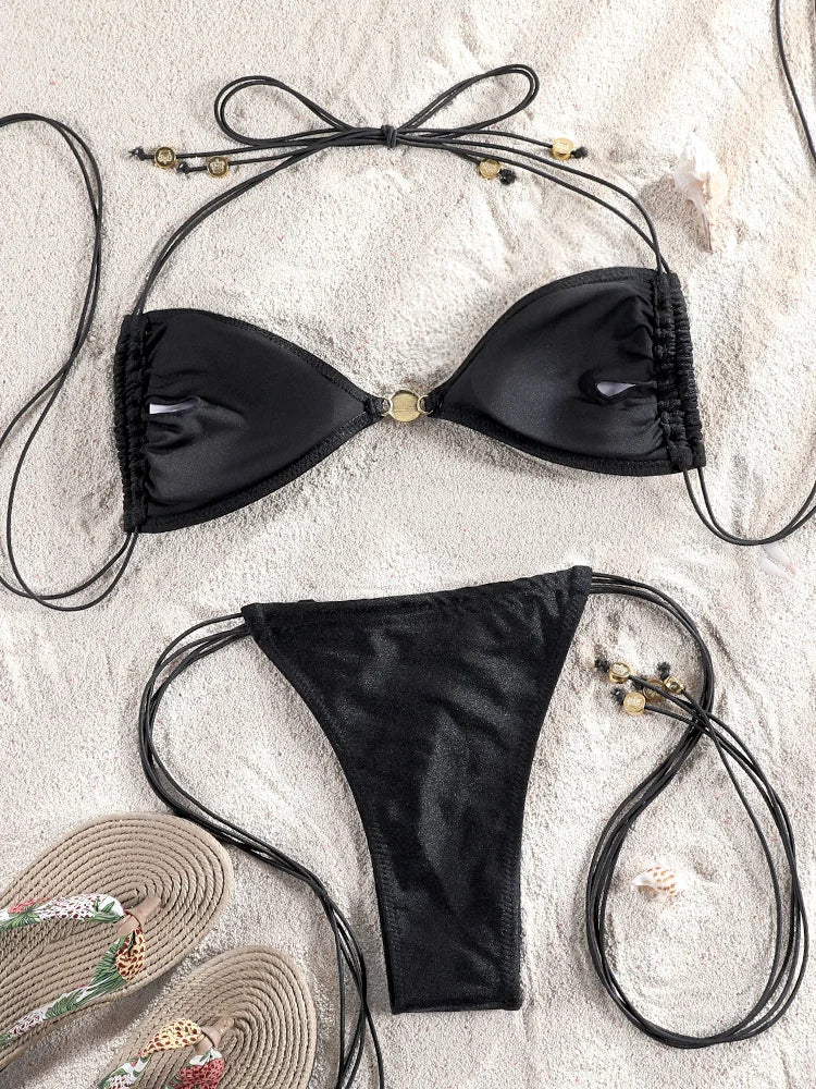 Miyouj Glitter Fabric Bikinis 2026 Sexy Bikini Set Folds Swimsuit Female Halter Bathing Suit Women Swimwear New Beachwear