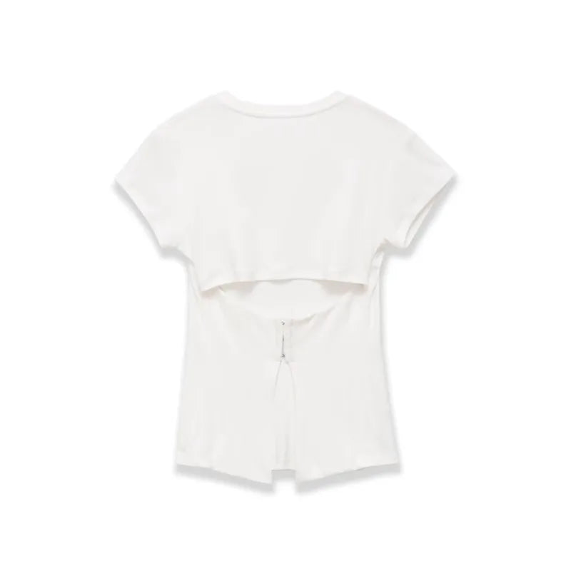 Women's Fashion Casual Short-Sleeve Round-Neck Tight-Fitting Top White Short Sleeve T Shirt Crew Neck Back Slit Casual Top P5RN