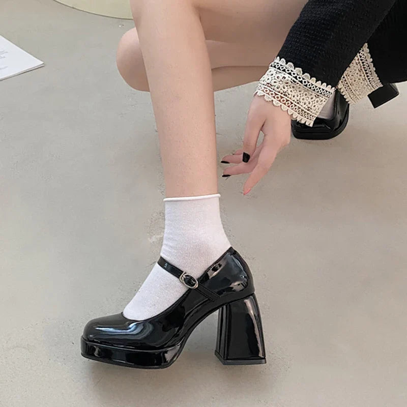 Patent Leather High Heel Mary Jane Shoes Women Elelgant Buckle Strap Platform Pumps Woman Chunky Heels Punk Lolita Shoes Female