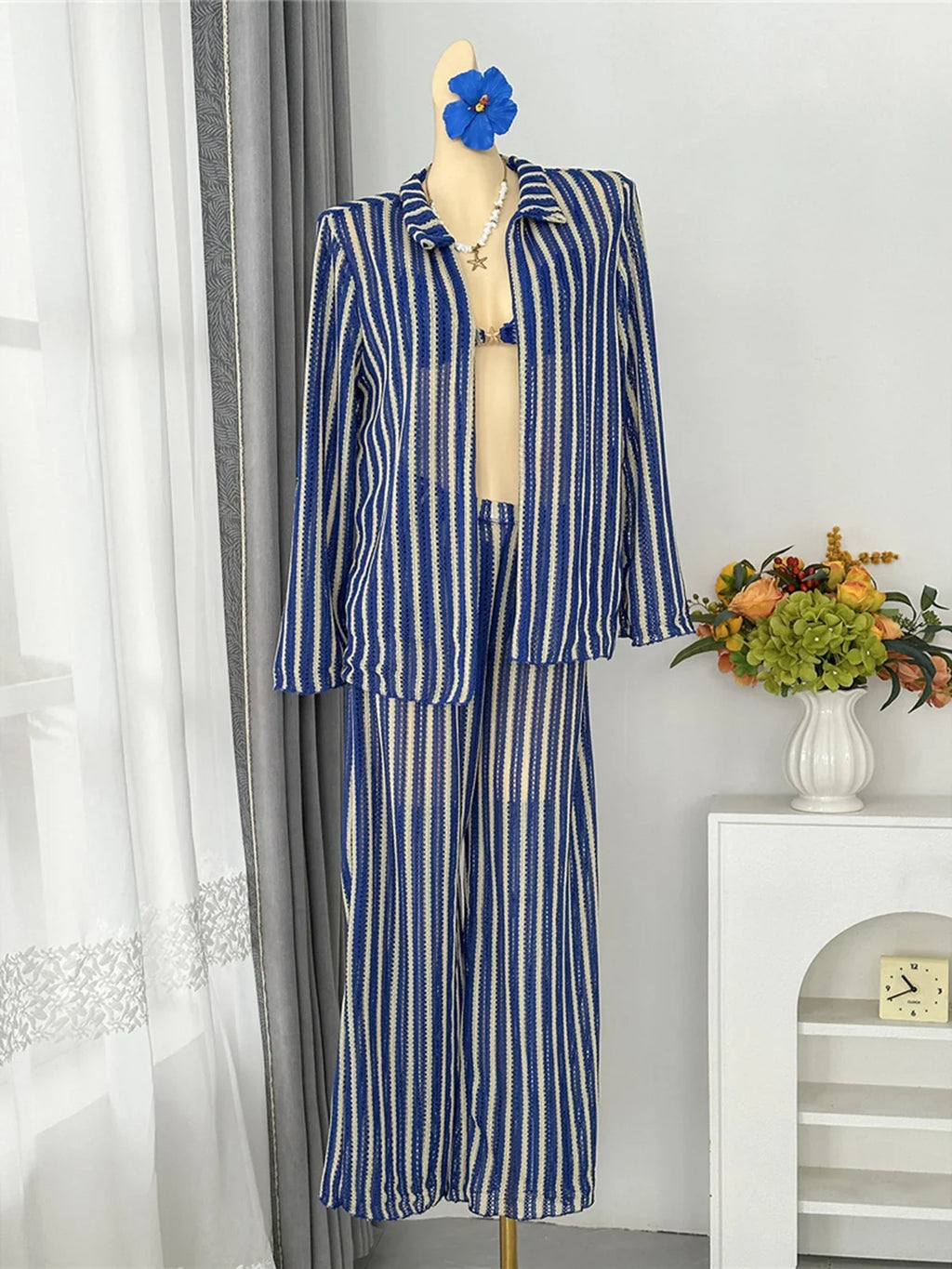 4PCS Striped With Long Sleeve Pants Bikini Female Swimsuit Women Swimwear Bather Bathing Suit Swim Four-pieces Bikini set K8072