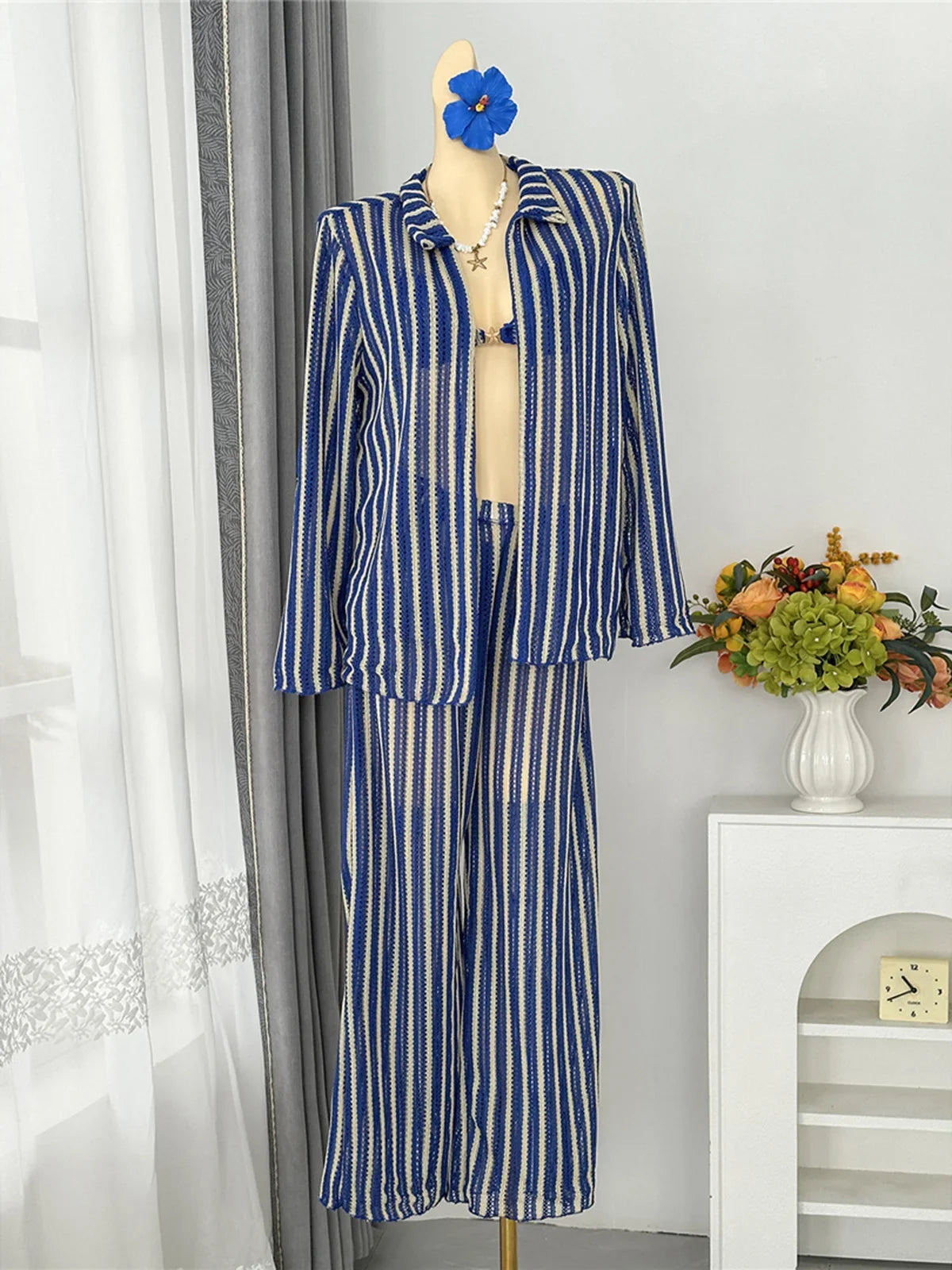 4PCS Striped With Long Sleeve Pants Bikini Female Swimsuit Women Swimwear Bather Bathing Suit Swim Four-pieces Bikini set K8072