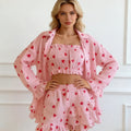 Spring Summer Sweet Heart Print 3 Piece Pajamas Set Women Ruffle Trim Bandeau Top Shorts Cardigan Loungewear