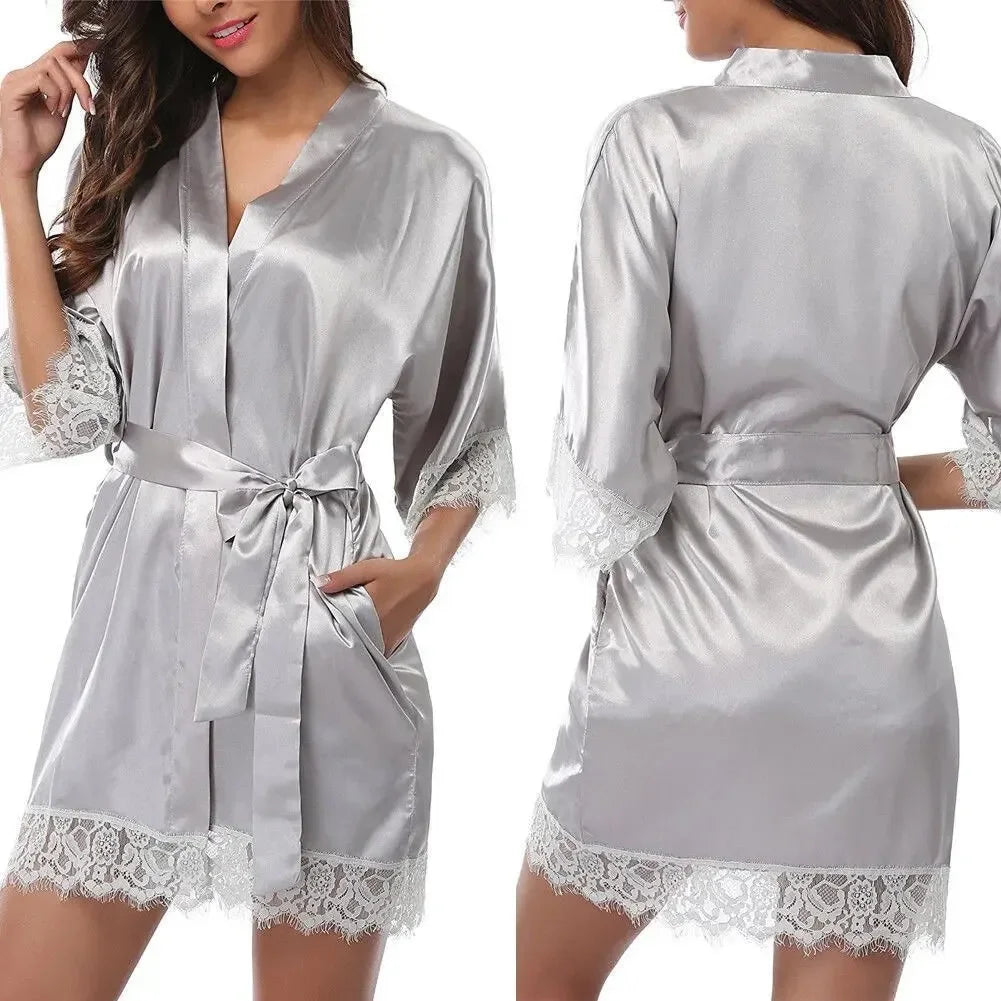 Women  Elegant Lightweight Black Satin Robe with Delicate Lace Trim Perfect for Lounging Sleepwear or Bridesmaids