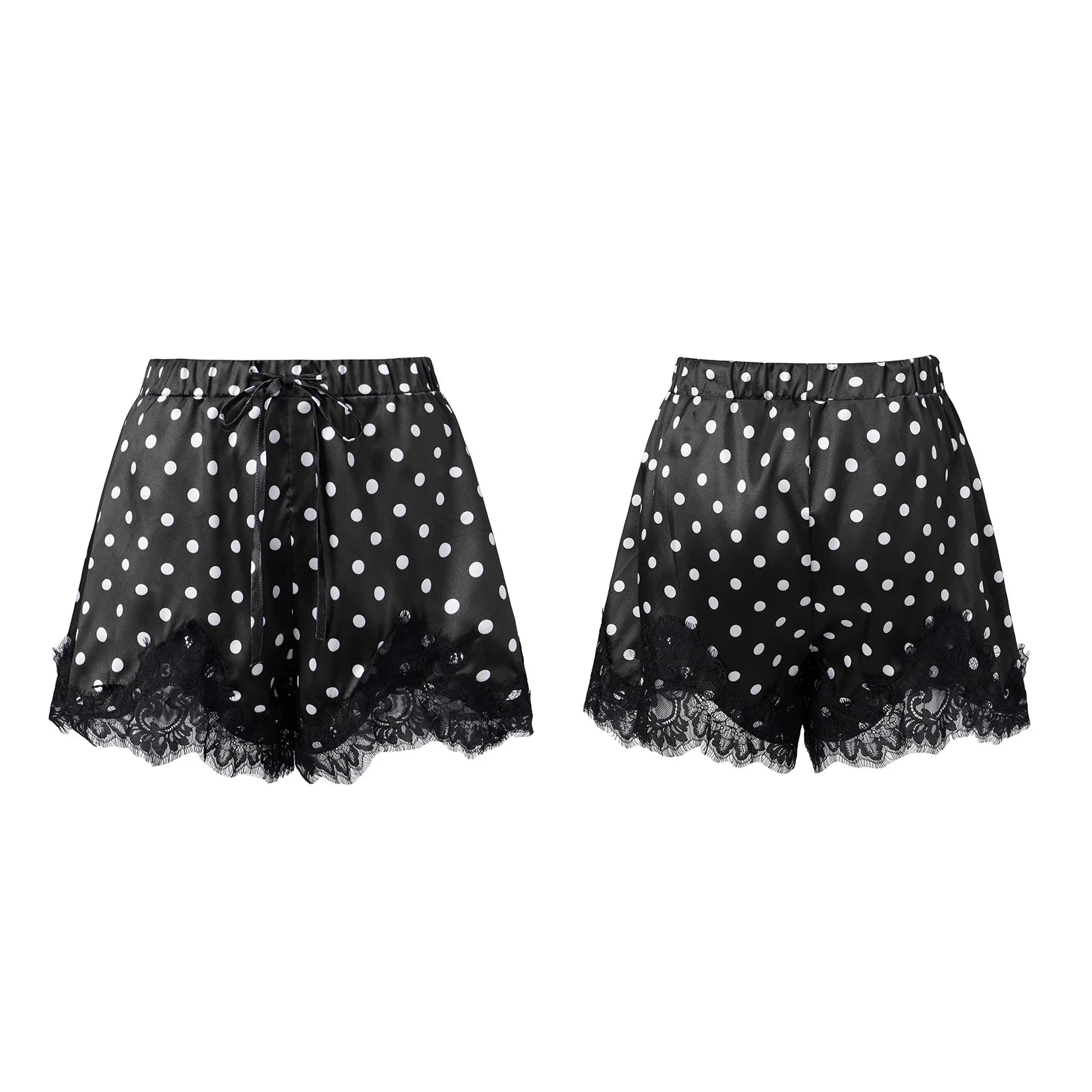 Summer Women's Dots Print Satin Shorts Elastic Waist Loose Lace Trim Hem Short Pants for Daily Casual Lounge Wear