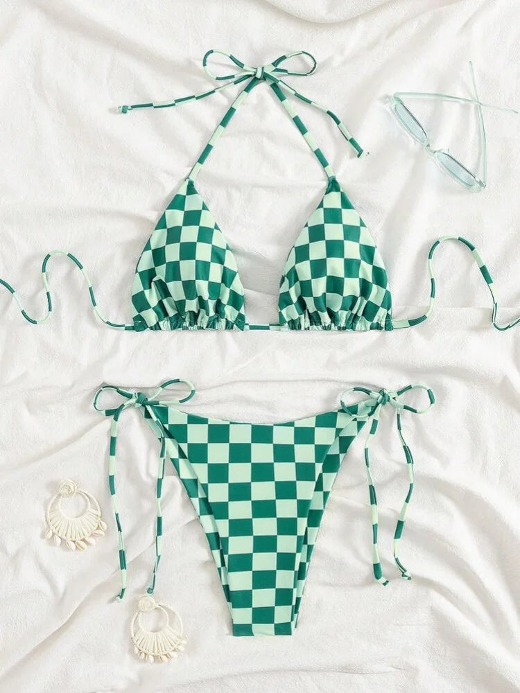 Sexy Pink Plaid Micro Bikini 2026 Women Halter Push Up Bra Tie Side Thong Swimsuit Brazilian Beach Bathing Suit Swimwear Biquini