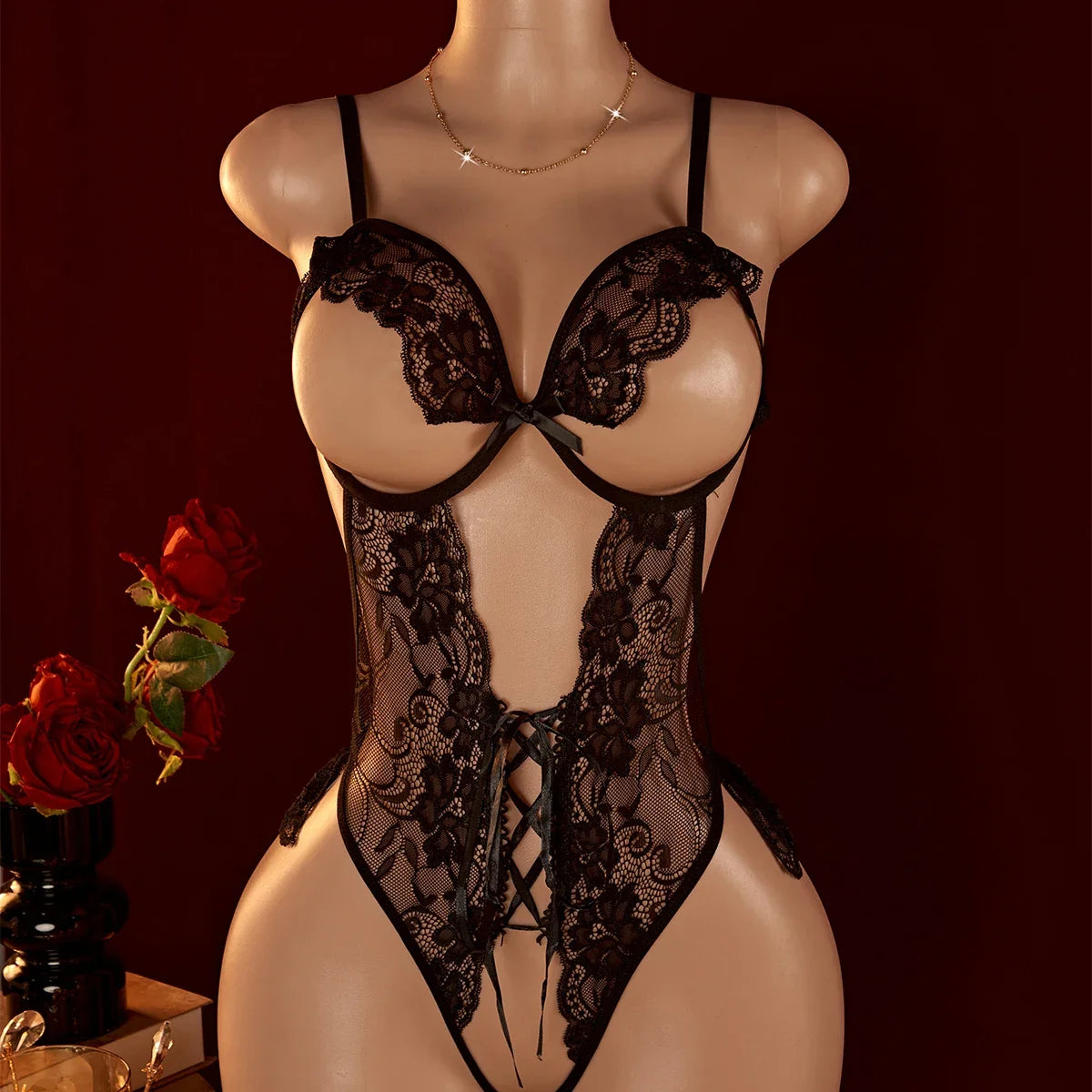 Porn Women Sexy Open Bra Strap Lingerie Lace Night Dress Underwear Black Erotic Babydoll Sleepwear Backless Nightwear Chemises