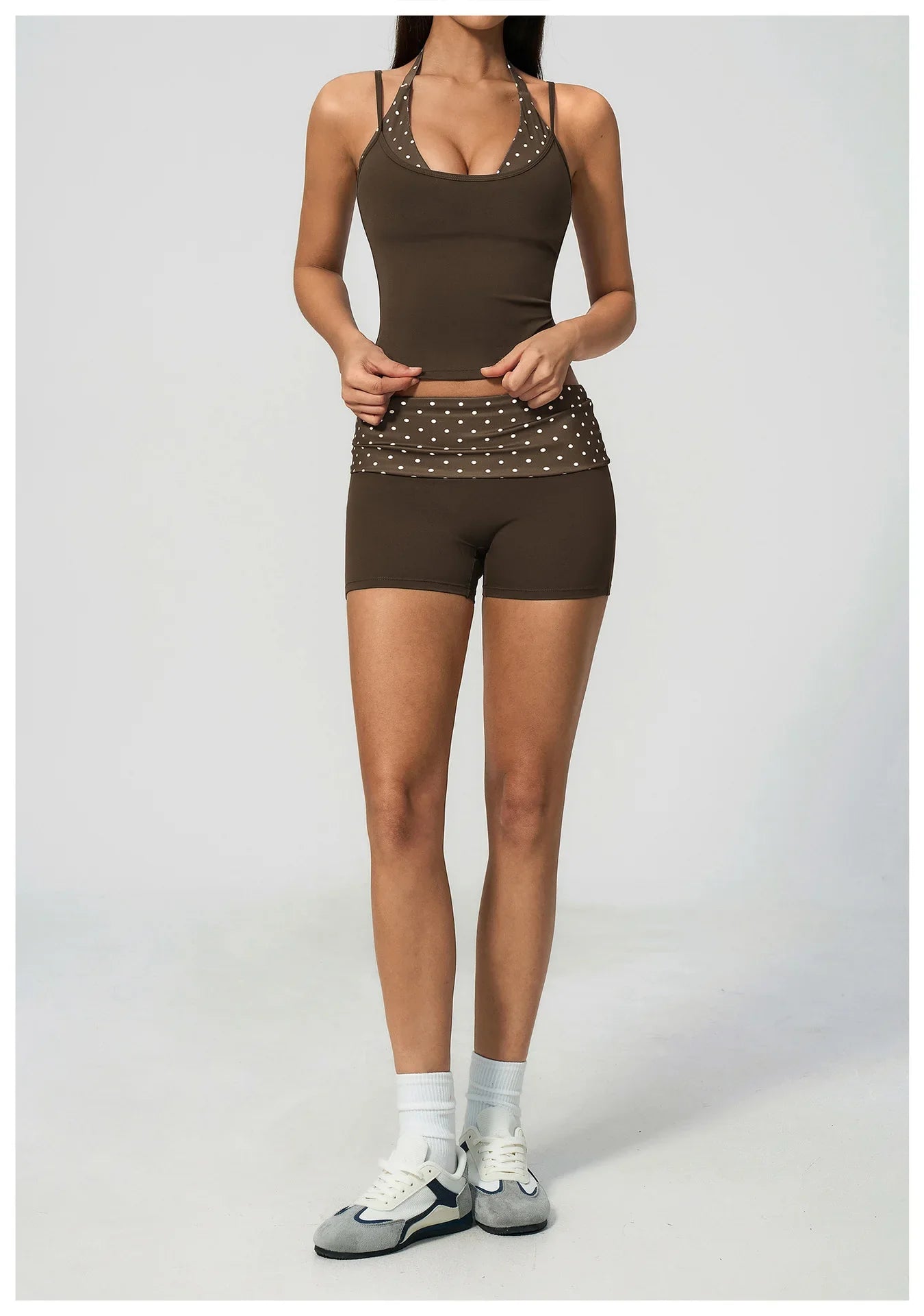Quick Drying Polka Dot Patchwork Yoga Sets Women Hanging Neck Slim Shockproof Sports Tank Top Gym High Waist Shorts Fitnss Suit
