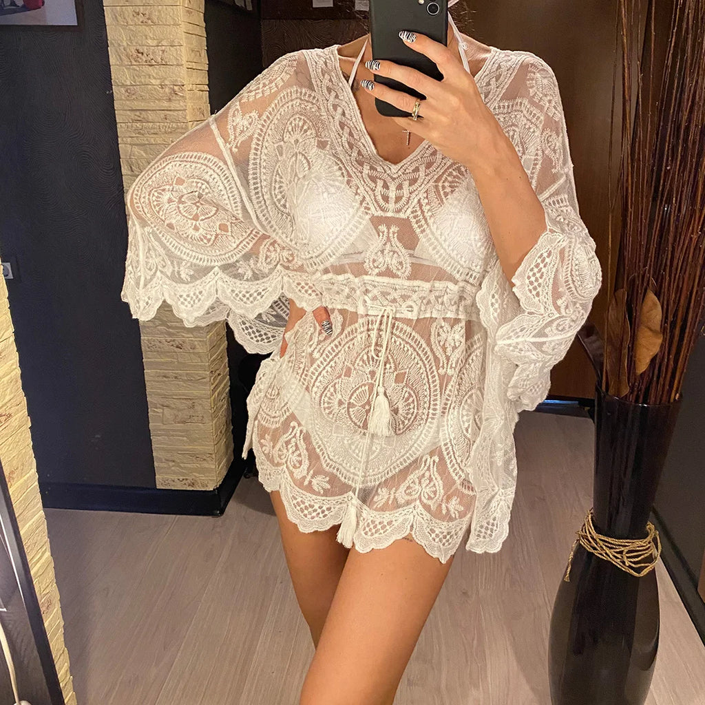 2026 New Sexy Lace See Through Long Sleeve Tunic Beach Cover Up Cover-ups Beach Dress Beach Wear Beachwear Female Women V4528