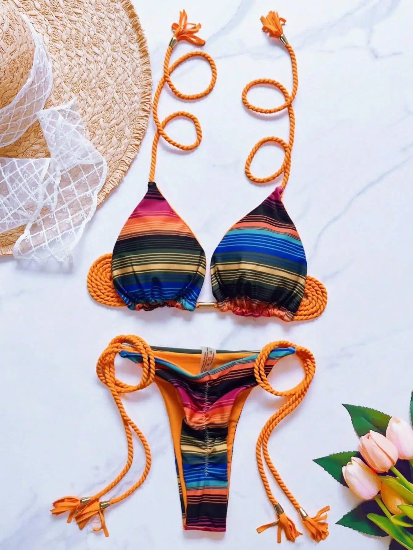 2026 Sexy Leopard Print Swimwear Women'S Split Bikini Set Woven Rope Strap Fringe Beach Women'S Two-Piece Swimsuit Bathing Suit