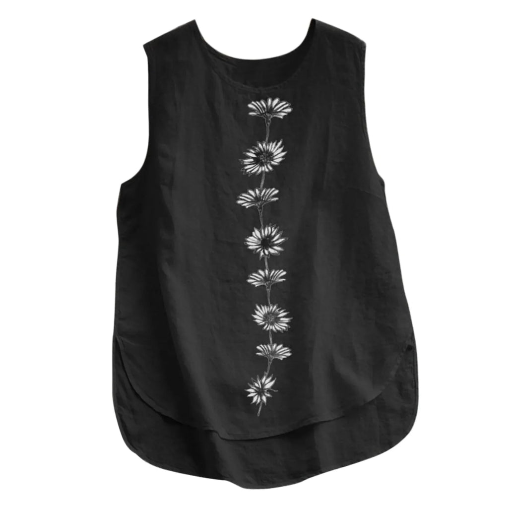 Women Vintage Cotton Linen Tanks Tops Round Neck Floral Print Shirt Summer Sleeveless Blouse Elegant Female Casual Loose Tops