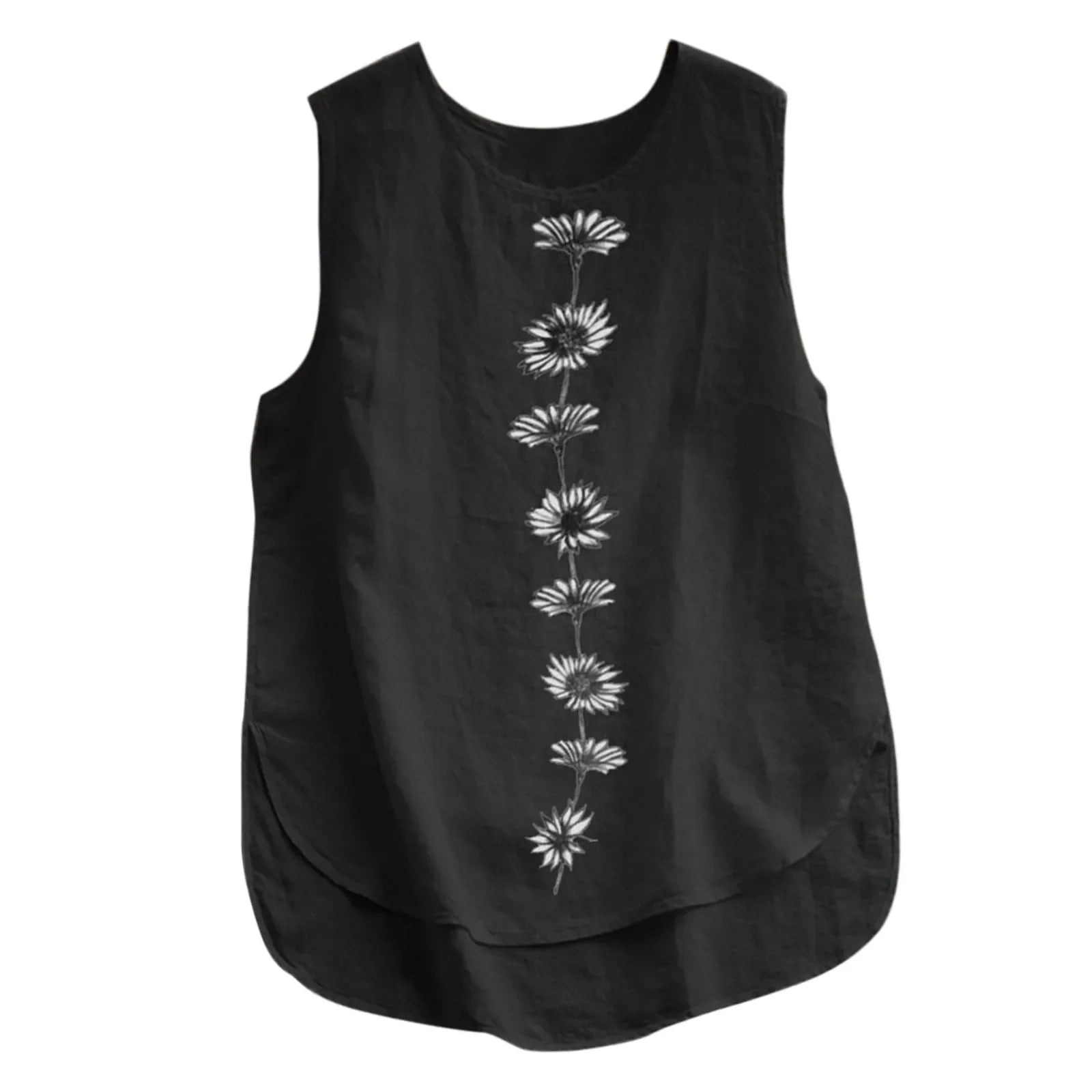 Women Vintage Cotton Linen Tanks Tops Round Neck Floral Print Shirt Summer Sleeveless Blouse Elegant Female Casual Loose Tops