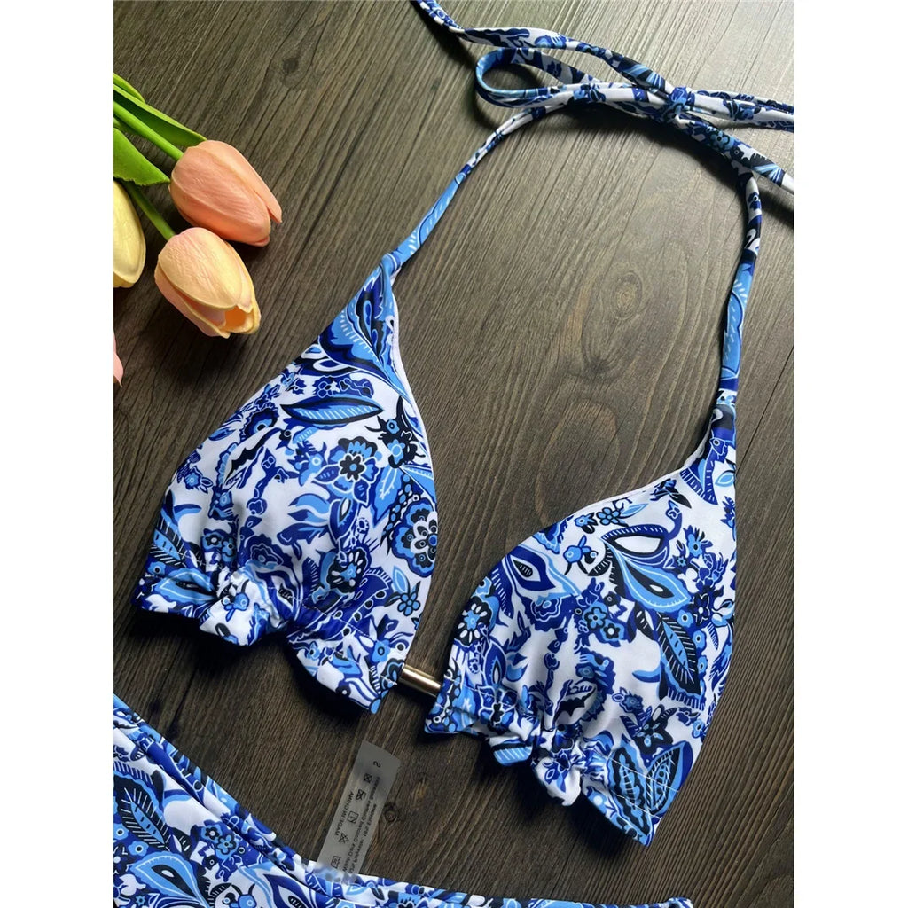 Sexy Flowers Printed Halter Brazilian Bikini Female Swimsuit Women Swimwear Two-Pieces Bikini Set Bather Bathing Suit Swim V6070
