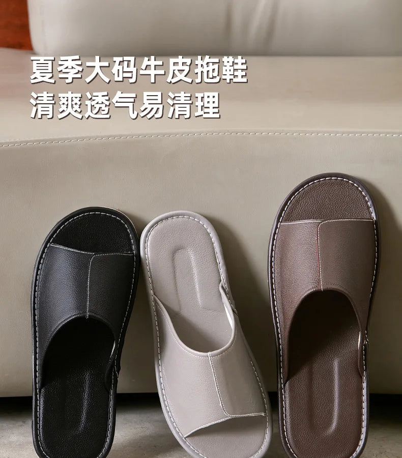 Big Size EU48 Indoor Slippers For Women Men Spring Summer House Shoes Soft Leather Anti-slip Open Toe Couples Home Floor Slides