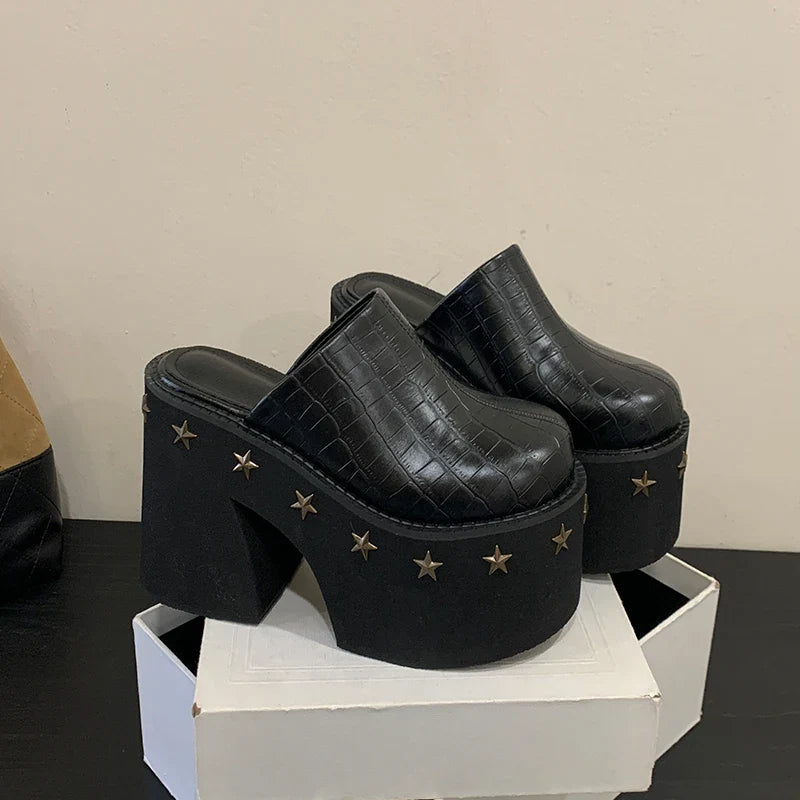 11cm PU Leather Women Fashion High Heels Pumps Platform Wedge Summer Black Round Big Toe Ladies Sandals Big Size Slippers Shoes