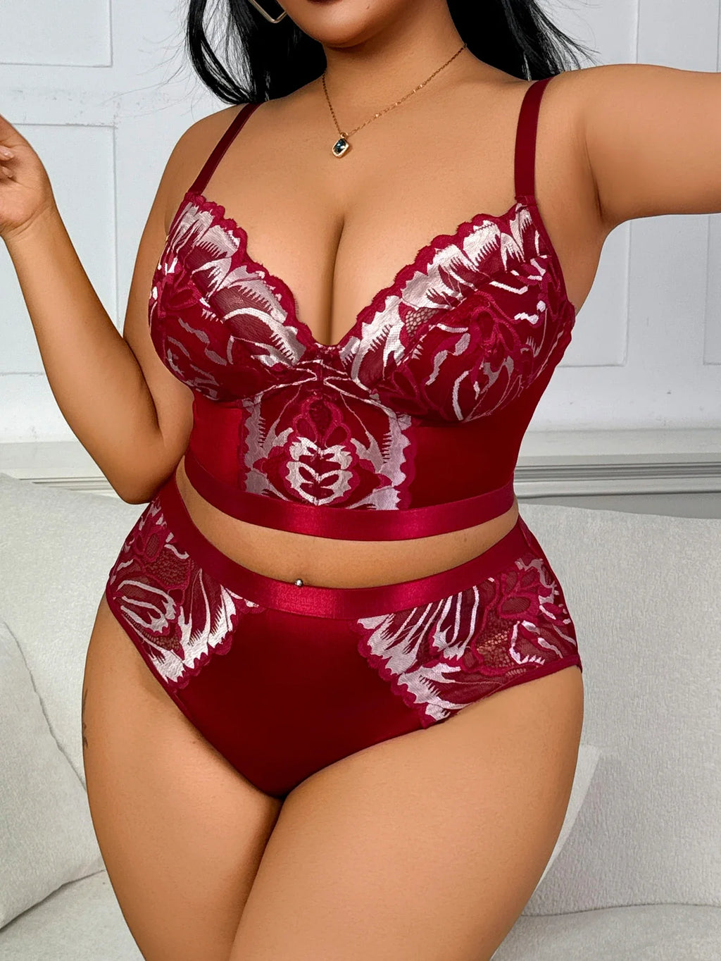 Plus Size Minimizer Lingerie Set, Sexy Deep Red Embroidered Push-up Support Bra & Panty