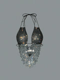 Sexy Women Rhinestone Halter Tops Tie-up Bling Body Chain Bra Going Out Lingerie Camisoles for Party Clubwear