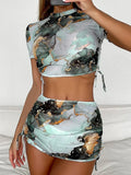 4 Pieces Halter Bikini Swimsuit With Marble Print Cover Up 2026 Swimwear Female Beachwear Bathing Swimming Suit Women Summer