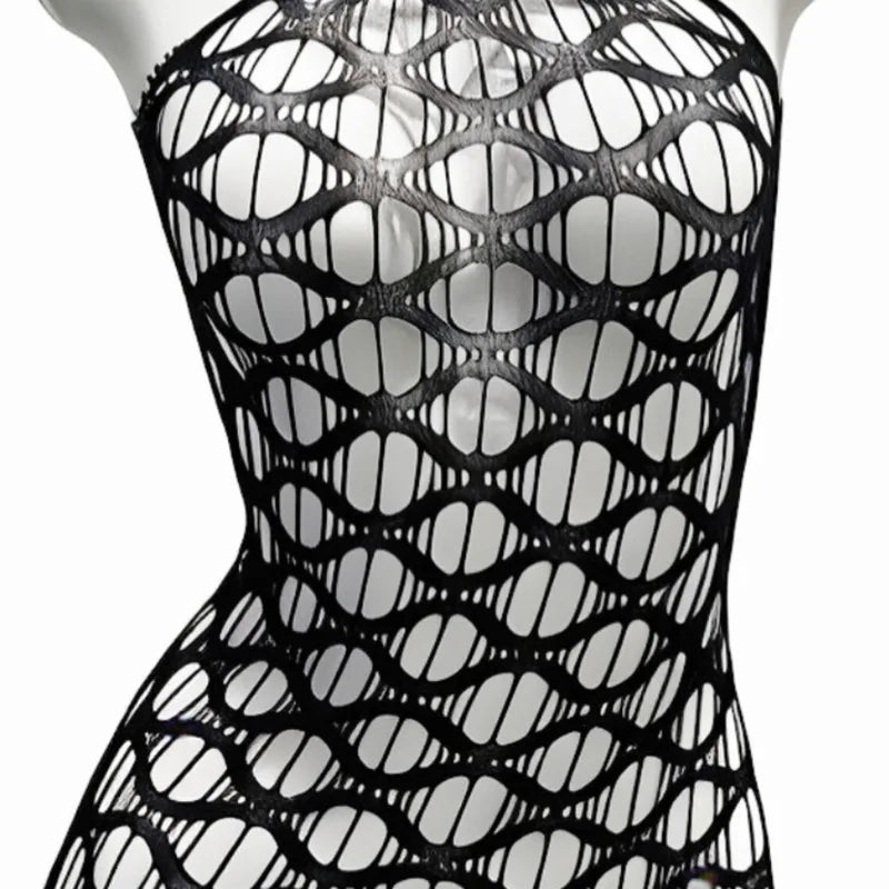 Sexy Mesh Halter Neck Hollow Out Open Crotch Dress With Exposed Chest And Sheer For Women Off-the-shoulder Mini Dress Charm RCIJ