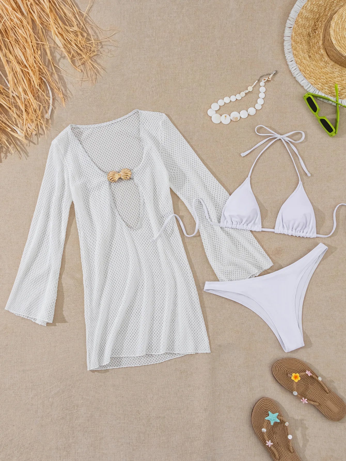 sexy white plain micro bikinis sets 3pcs with hollow out mesh long sleeve deep v-neck mini dress swimsuits bathing suit biquini