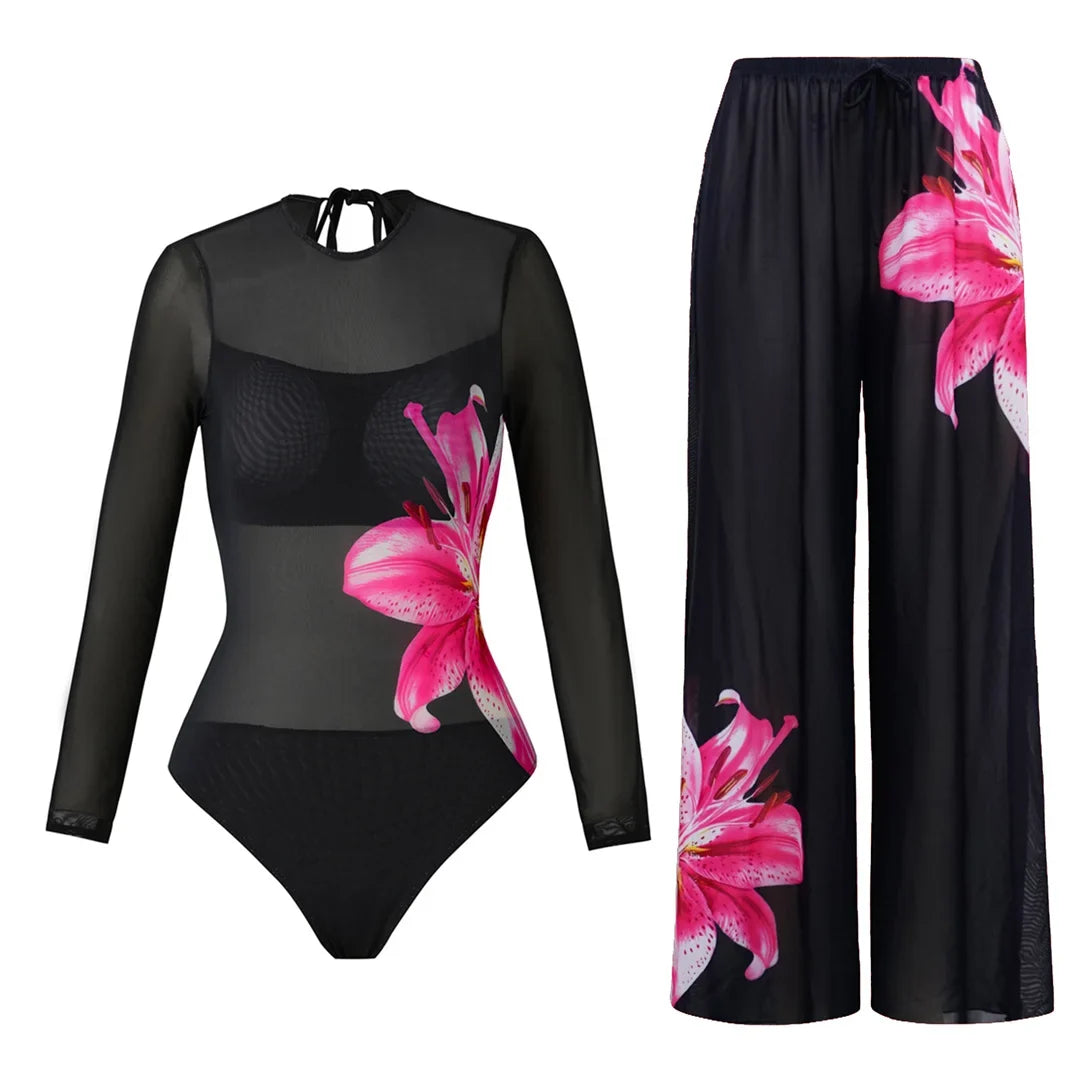 S - XL New Flower Printed Floral Long Sleeve With Pants One Piece Swimsuit Women Swimwear Female Bather Bathing Suit Swim V7099