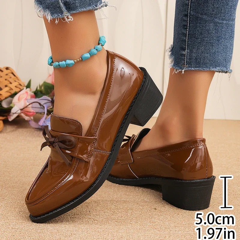 Patent Leather Bowknot Oxford Shoes Women Plus Size 43 Pointed Toe Thick Heel Pumps Woman Elelgant Slip On Pu Leather Shoes 2026