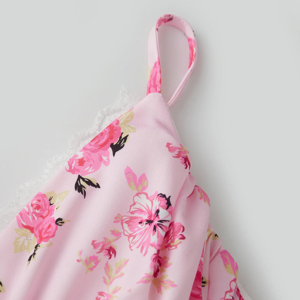 Women's Summer Floral Print Bohemian Long Dress Stylish Lace Patchwork Ruffled Trim Spaghetti Strap V Neck A-Line Dress