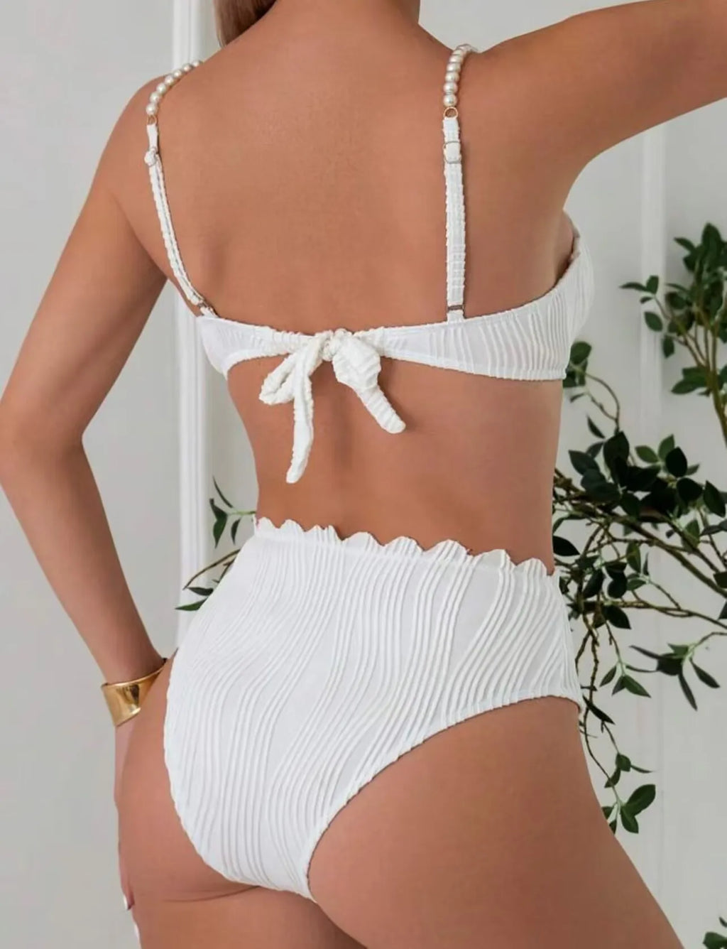 Sexy White Black Bikini Set 2025 Women Pearls Strap Ruffles Push Up High Waist Swimsuit Beach Bathing Suit Two Piece Swimwear