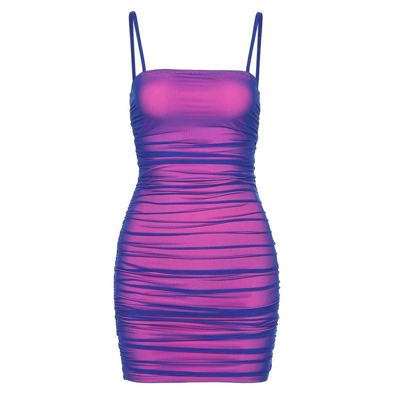Chic Stacked Reflective Mini Dress Women Sleeveless Show Chest Bodycon Vestidos Summer Party Slim Stretchy Elegant Sheath M888