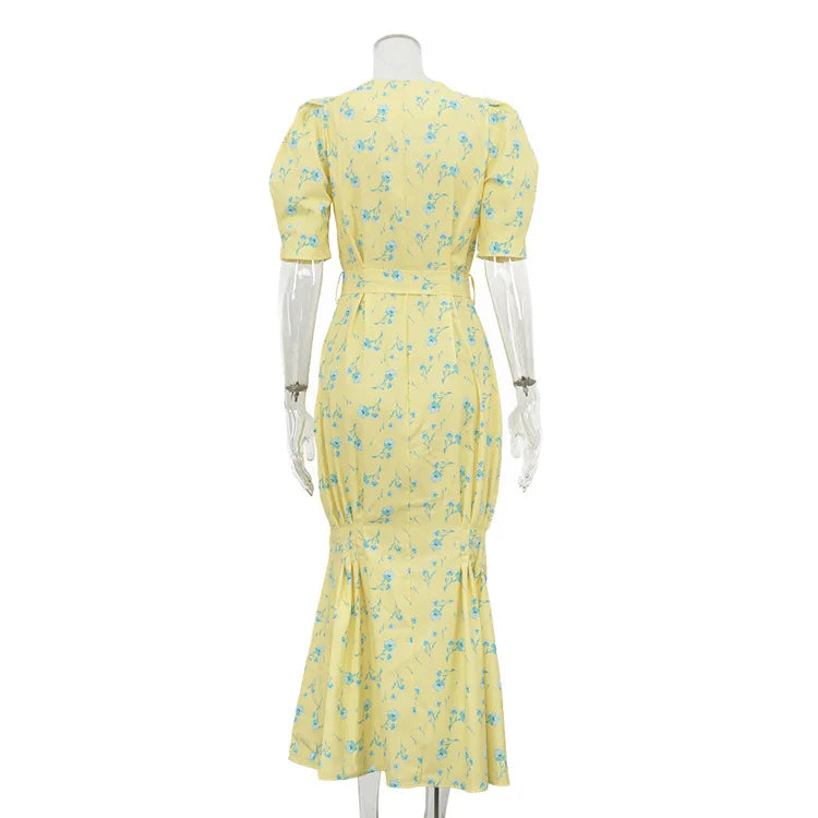 FDYOUI 2026 Summer V-neck Short Sleeve Floral Print Yellow Party Dress Women Single Breasted Lace-up Slim Long Vacation Dresses