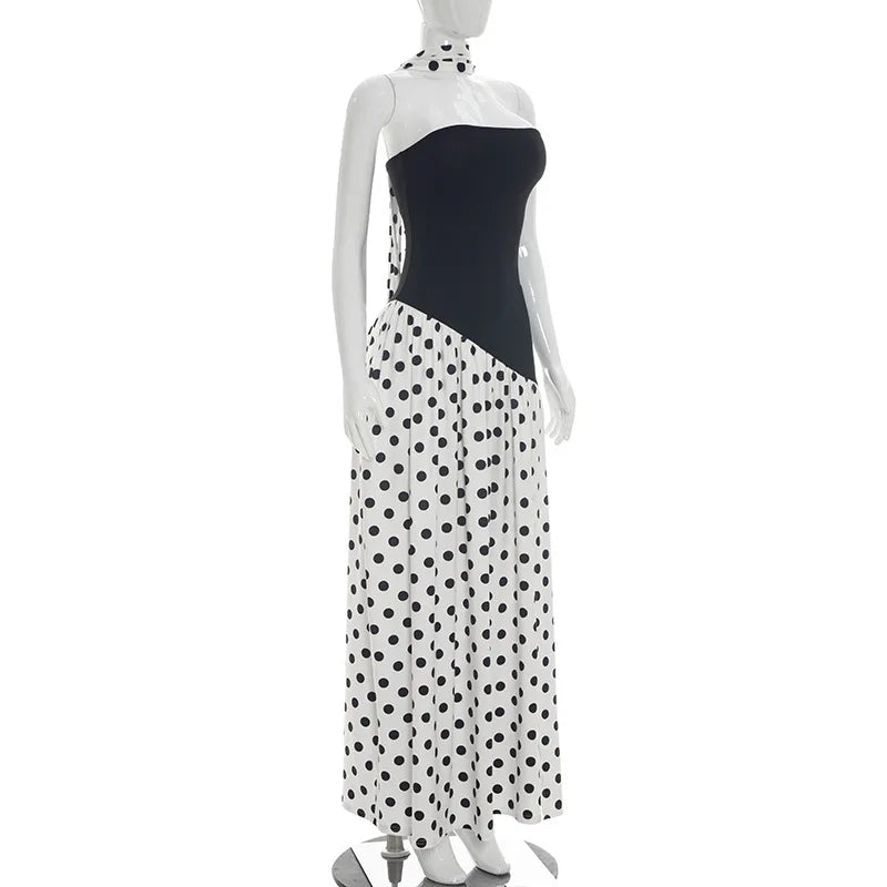 FDYOUI Elegant Bandage Polka Dot Patchwork Evening Dresses Women's 2026 Summer Off Shoulder High Slit Pleated Long Party Dress