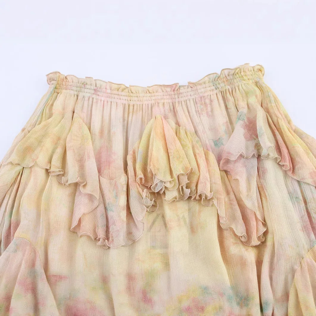 Women's Printed Layered Skirt Pastel Watercolor Print Tiered Ruffled Skirt Elastic Waist Chiffon Summer Skirt For Women 65EU