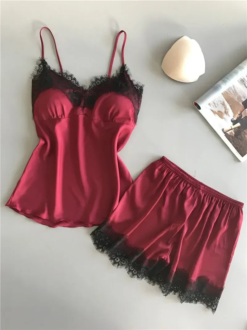 Women's Lace Satin Pajama Sets Sexy Nightwear Summer Sleeveless Tops+Shorts 2 Pcs Pyjamas Sleepwear Loungewear