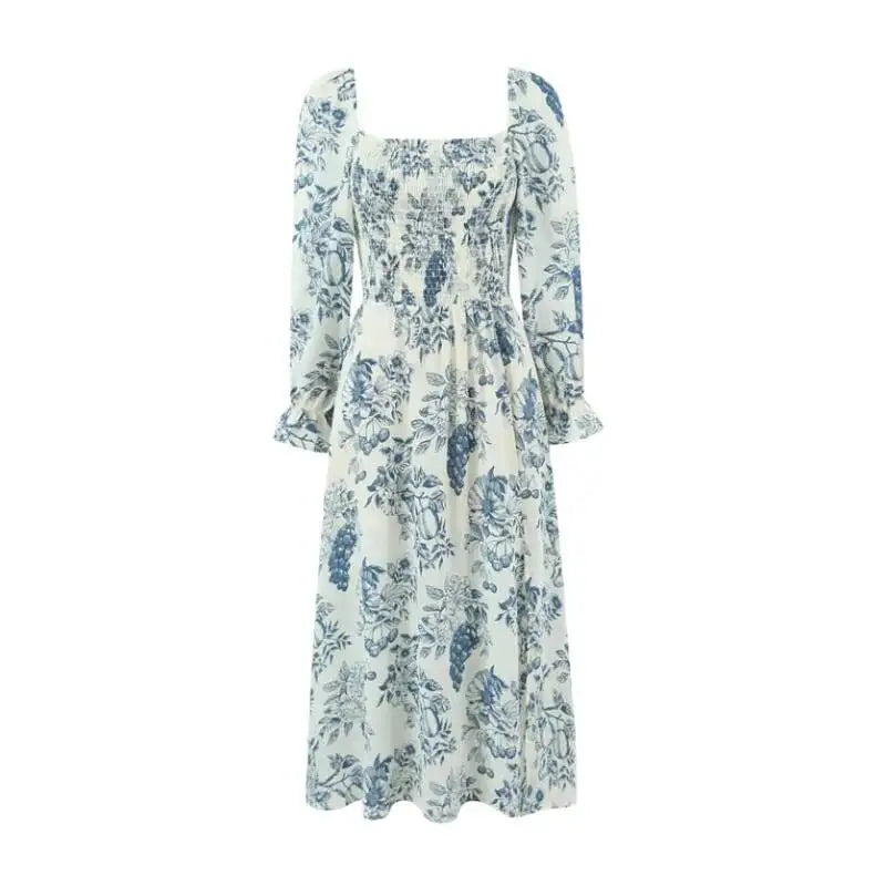 French Casual Style Square-neck Slim-fit Dress Feminine With Side Slit Three-quarter Sleeves Waist Cinching Printed Holiday THF3