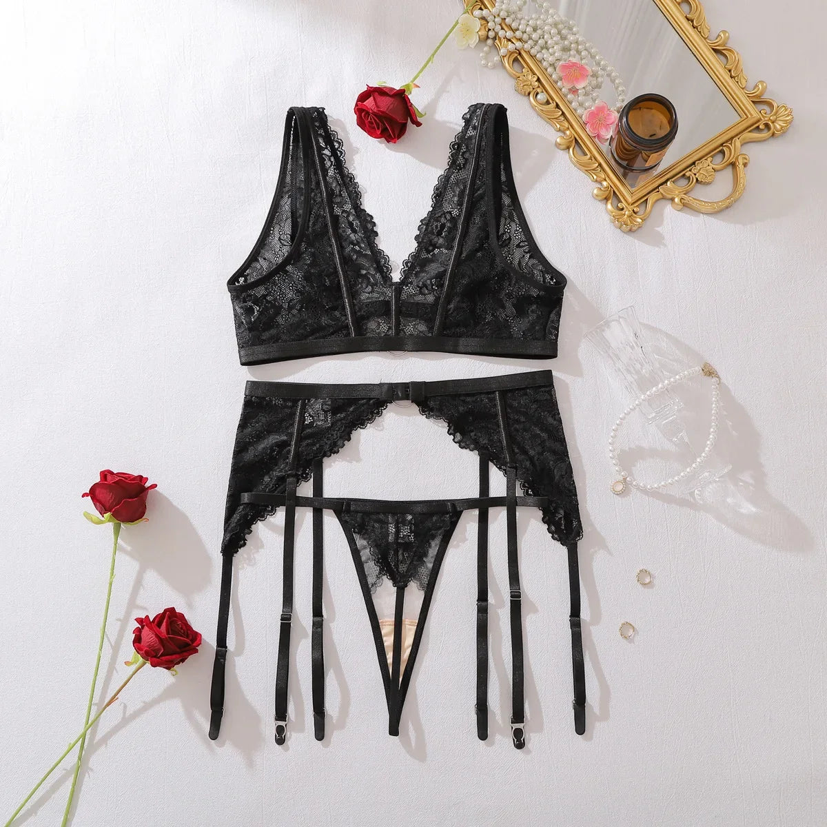Lace see-through body shaping sexy three-point bra split three-piece set