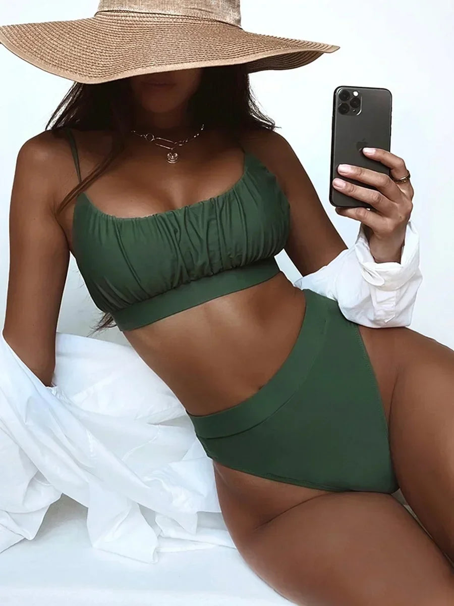 2025 Wrinkled Ruched High Waist Bikini Women Swimsuit Female Swimwear Two Pieces Bikini Set High Cut Bathing Suit Swim Beachwear