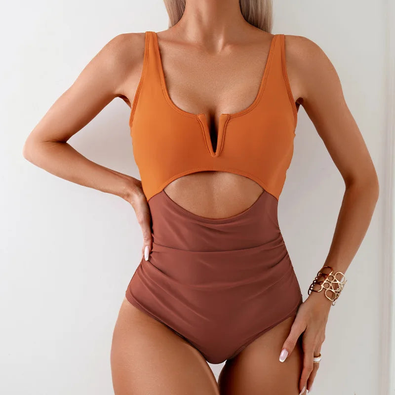 Sexy Hot Pink Contrast One Piece Swimsuit Women V Neck Hollow Out Pleate Tummy Control Swimwear 2024 Beach Bathing Suit Monokini