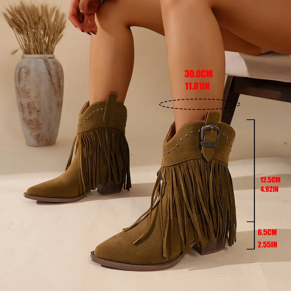 Women Ankle Boots Autumn  Suede Chelsea Boots Pointed Toe Tassel High Heel Shoe Rivet Fashion Retro Cowboy Boots Botas Mujer