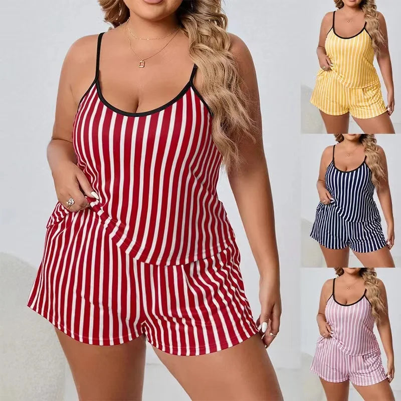 Plus Size Striped Women Pajama Set Sleeveless O Neck Top & Elastic Waist Shorts Heart Print 2 Pieces Female Sleepwear Nightwear