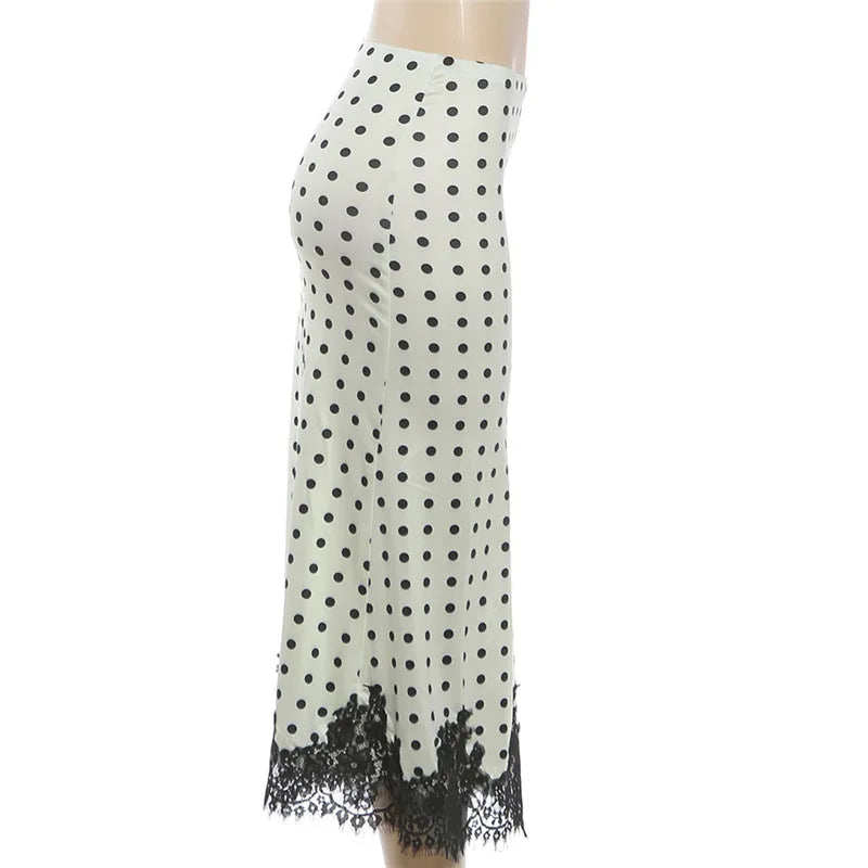 FDYOUI Elegant Polka Dot White Skirts for Women Chic Low Waist Lace Patchwork Mid-calf Skirt Office Lady Slim Dress Streetwear