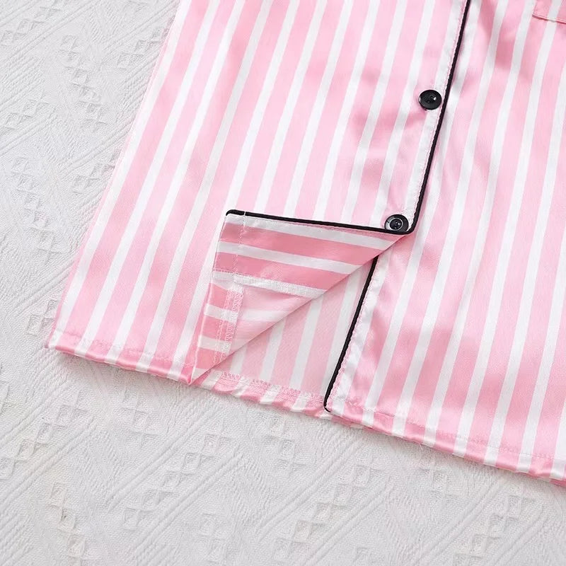Large Size Women Pajamas Set Short-Sleeved Student Homewear Two-Piece Cardigan Lapel Senior Sense of Striped Short-Sleeved Short