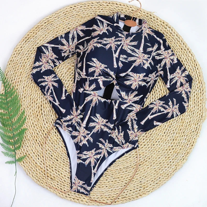 Women's Rashguard Zipper Long Sleeve Surfing Printed Swimsuit Women 2025 One Piece Bodysuit Push Up UV Protection Swimsuit Lady