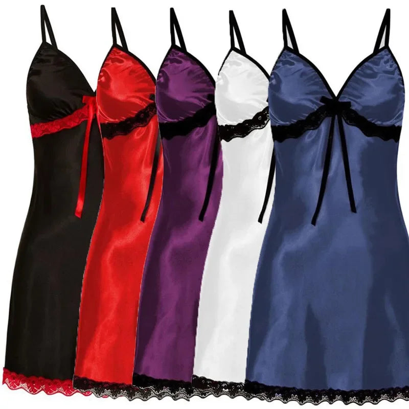 Lace Silk Satin Nightdress Women Sleepwear Lingerie Sleeveless Straps Mini Dress with Panties Nighties Nightgown