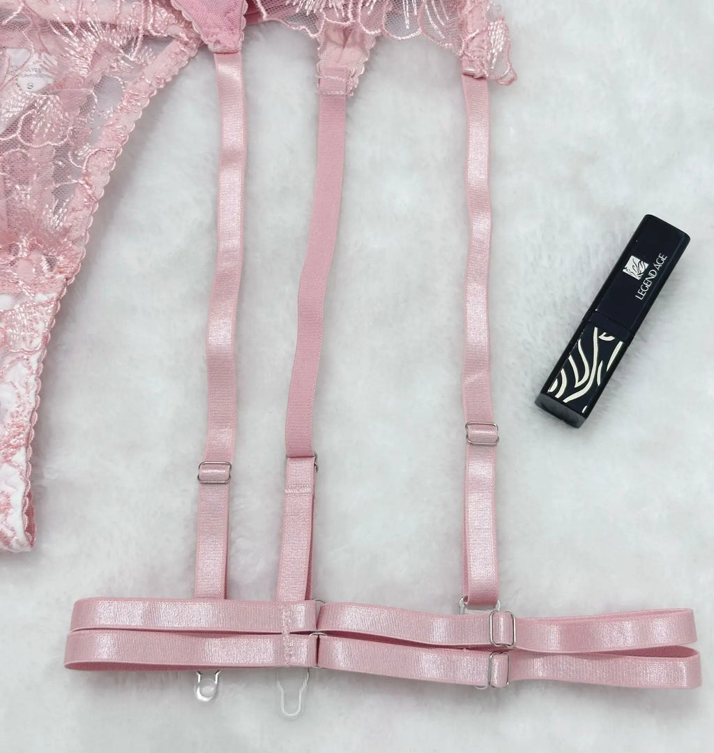 sexy lingerie embroidered see-through mesh bra with underwire four-piece set