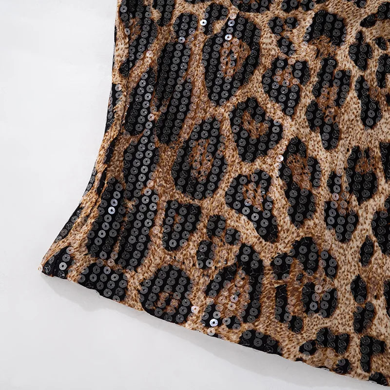 Sexy Chic Leopard Printed Corset Tops Women's Fashion Skinny Zip-up Sequins Crop Tops Strapless Night Club Outfit Streetwear