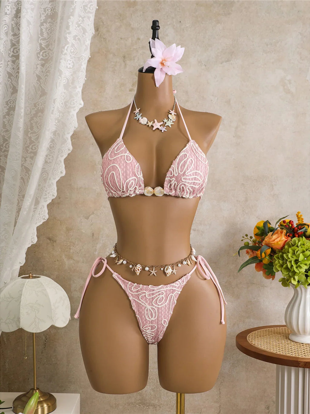 With Sarong Halter Printed Bikini Women Swimwear Female Swimsuit Padded Bather Bathing Suit Swim Three-pieces Bikini set K8073